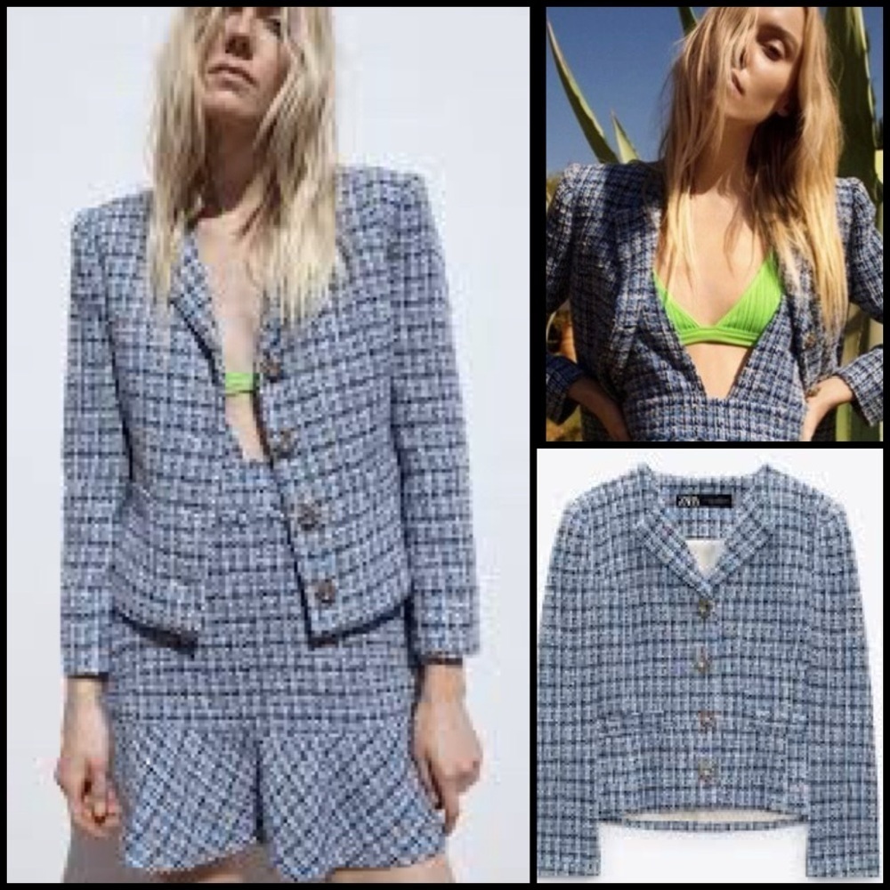 Zara Tweed Textured Blue White Jeweled Buttons Office Work Clueless Blazer XS